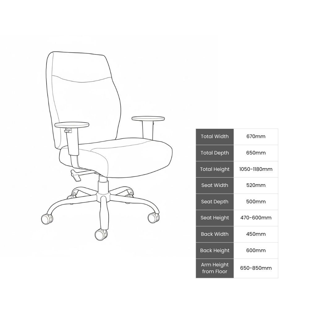 Technical illustration of ergonomic chair with high backrest, cushioned seat, and armrests. Dimensions include seat height 470–600mm, back height 600mm, and arm height from floor 650–850mm. Suitable for ergonomic planning and procurement.