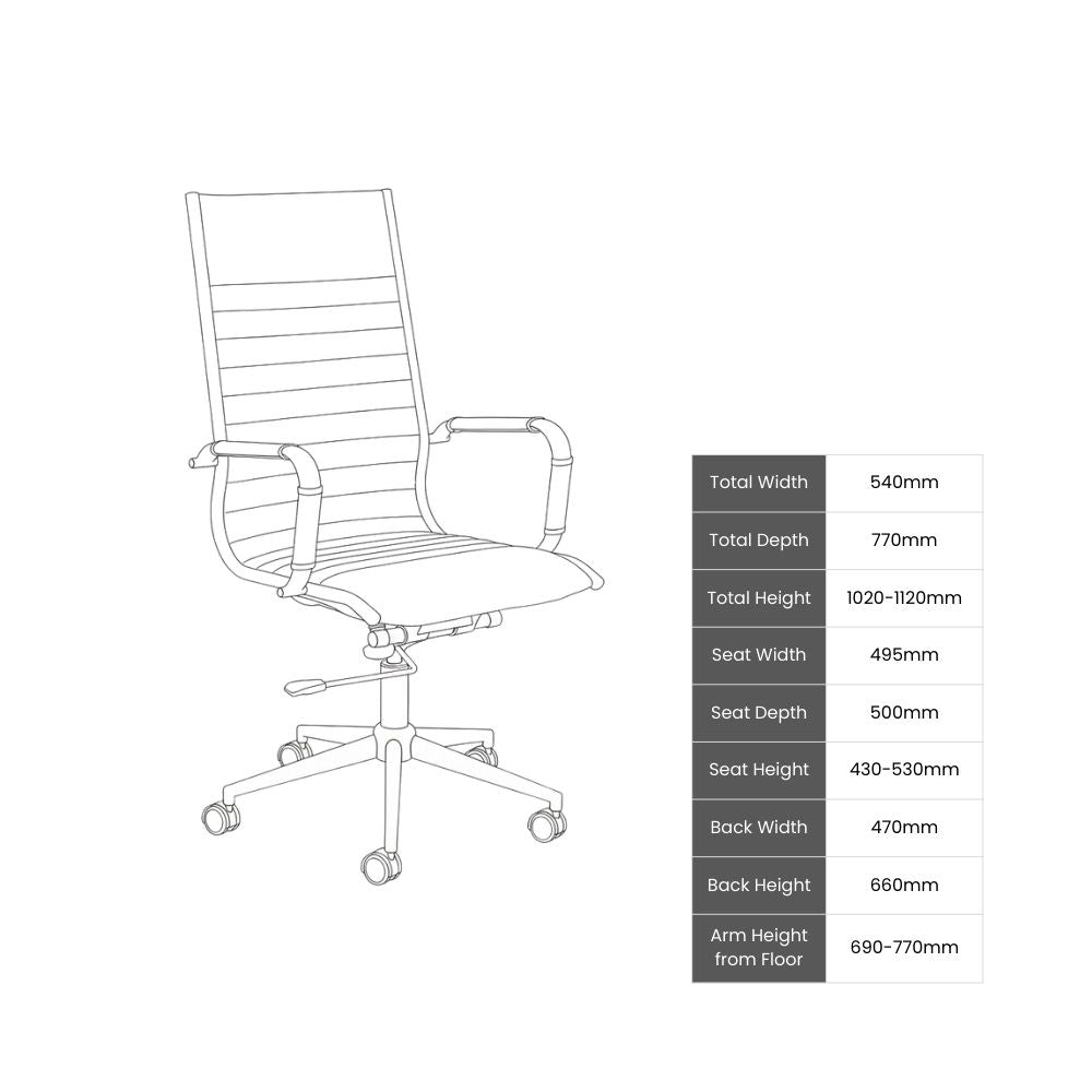 Line drawing of ergonomic office chair with high backrest, cushioned seat, and armrests. Dimensions include seat height 430–530mm, back height 660mm, and arm height from floor 690–770mm. Suitable for workspace planning and procurement.