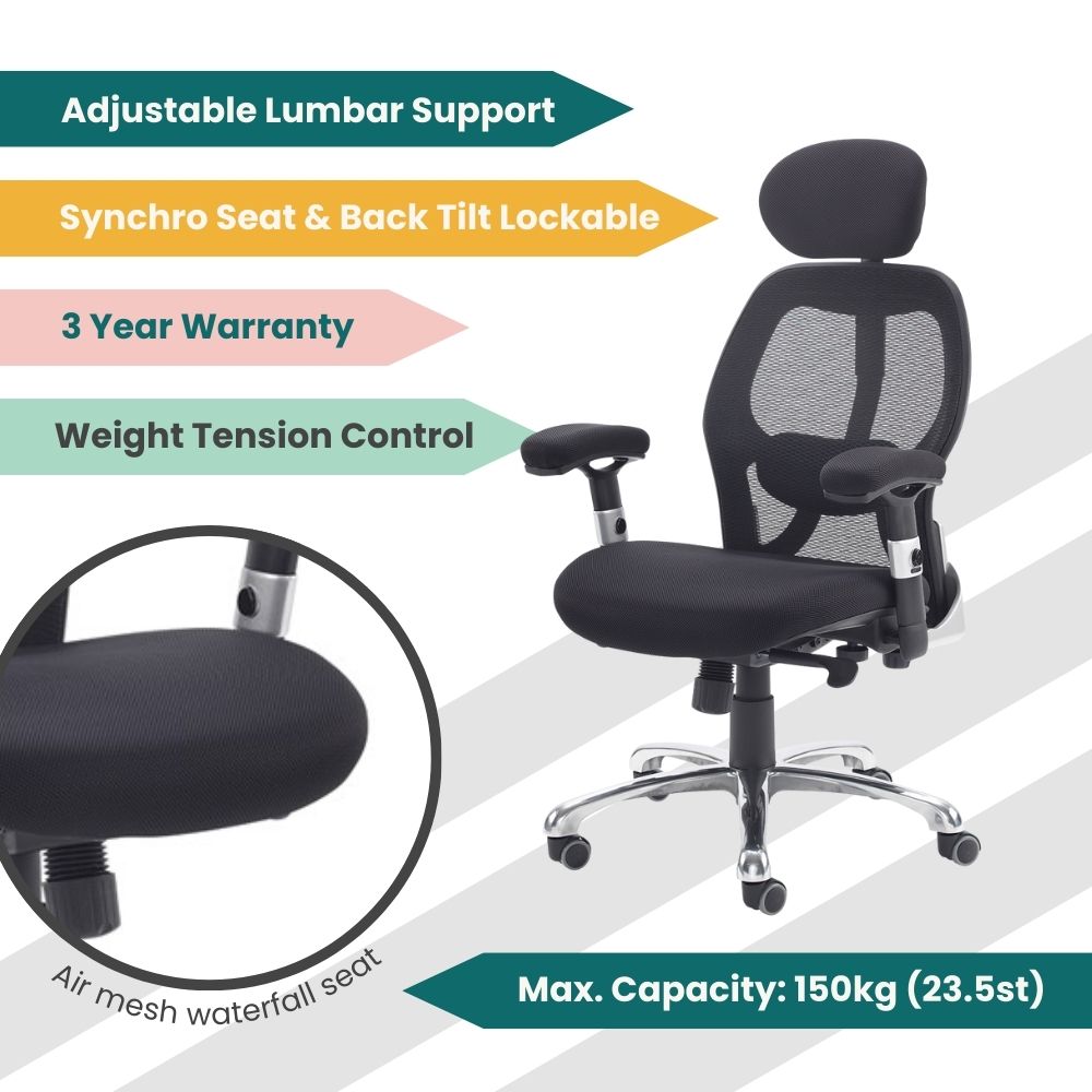 Black ergonomic chair with mesh back, adjustable lumbar support, tilt-and-lock mechanism, and waterfall seat. Designed for comfort and posture support in high-traffic office environments, rated to 150kg.