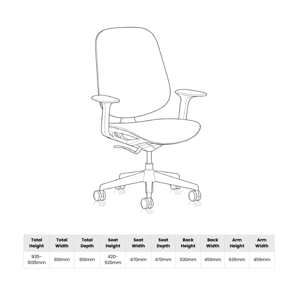 Line drawing of an ergonomic office chair showing dimensions including seat height, width, depth, and back height, with measurements listed in millimetres.
