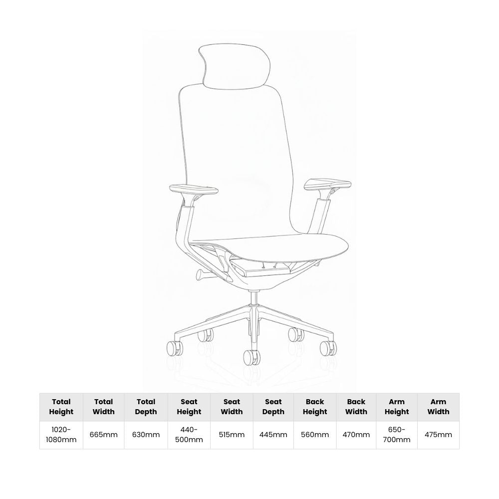 Line drawing of a high-back ergonomic office chair with adjustable arms and headrest, annotated with full technical dimensions in millimetres including seat, back, and arm measurements.