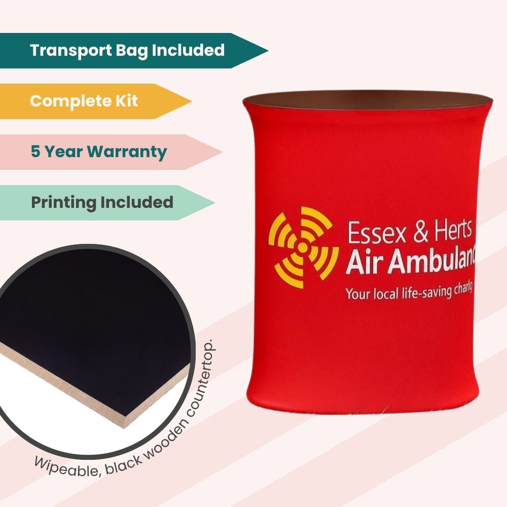 Branded Essex & Herts Air Ambulance counter with red wrap, black top, and promotional features including transport bag and 5-year warranty.