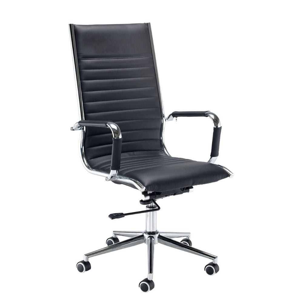 Modern office chair with black leather upholstery, horizontal stitching, chrome armrests with padded tops, and five-wheel chrome base. Designed for ergonomic support and professional aesthetics in executive settings.