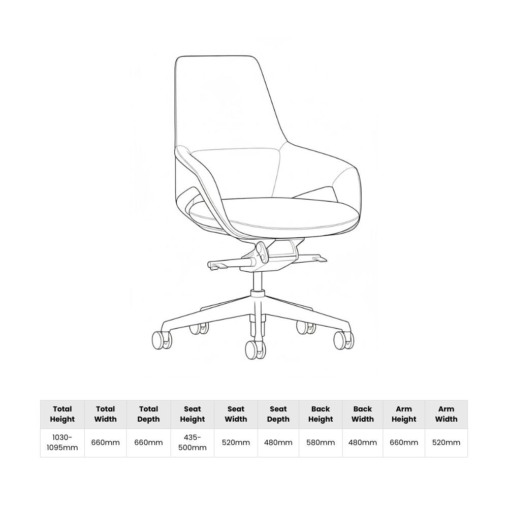 Line drawing of a black executive swivel chair with detailed measurements including seat height, width, and depth, as well as arm height and total dimensions, all listed in millimetres.