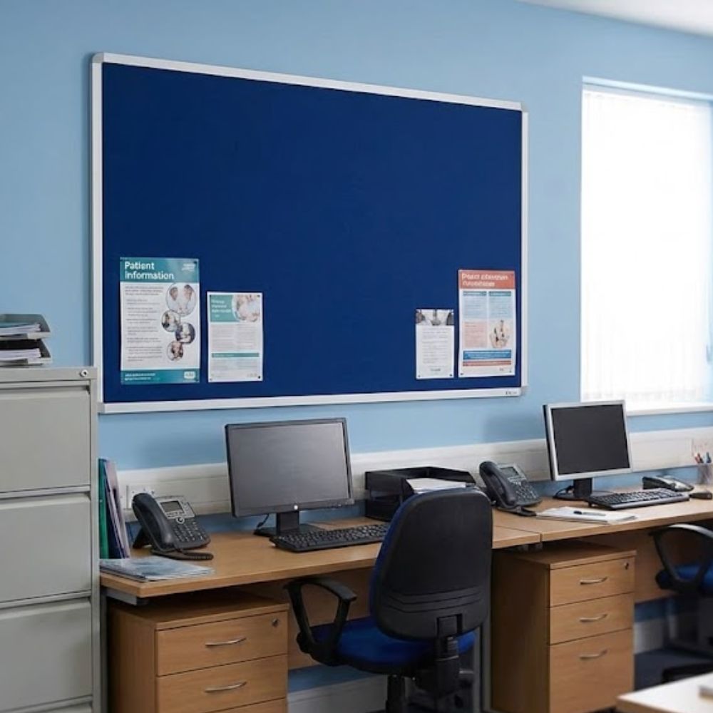 Extra large blue aluminium framed noticeboard fixed to a wall in a medical office with patient information posters displayed above desks and computers.