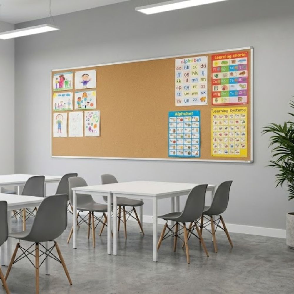 Extra large cork aluminium framed noticeboard mounted on a wall in a training room displaying children’s artwork and educational posters above tables and chairs.