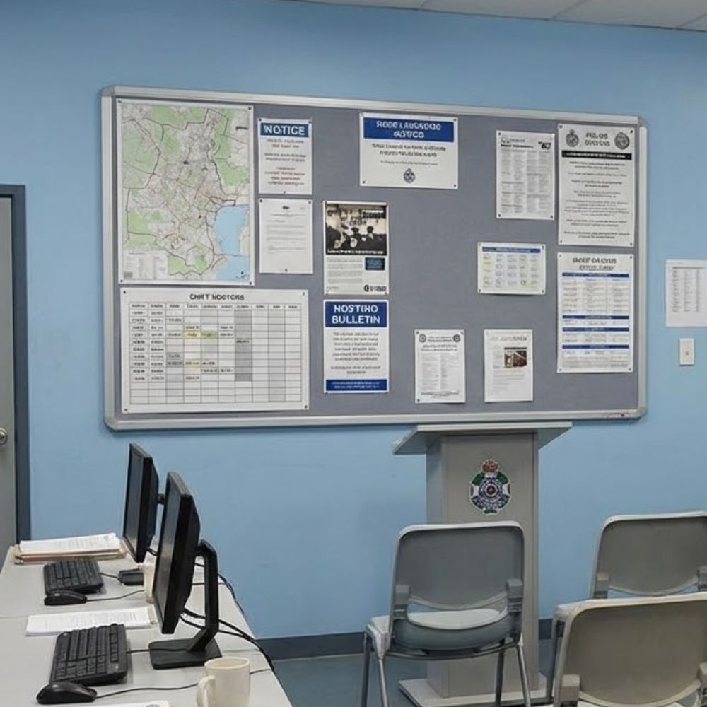 Extra large grey aluminium framed noticeboard displayed on a blue wall in a briefing room with multiple notices, maps and bulletins pinned above computer desks and chairs.