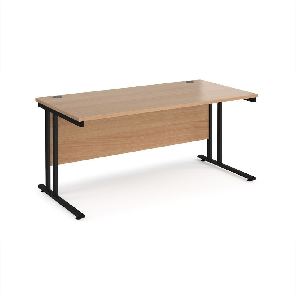 Extra wide office desk featuring a light wood effect work surface, full length modesty panel, twin cable grommets and reinforced black steel leg frame for large workstations