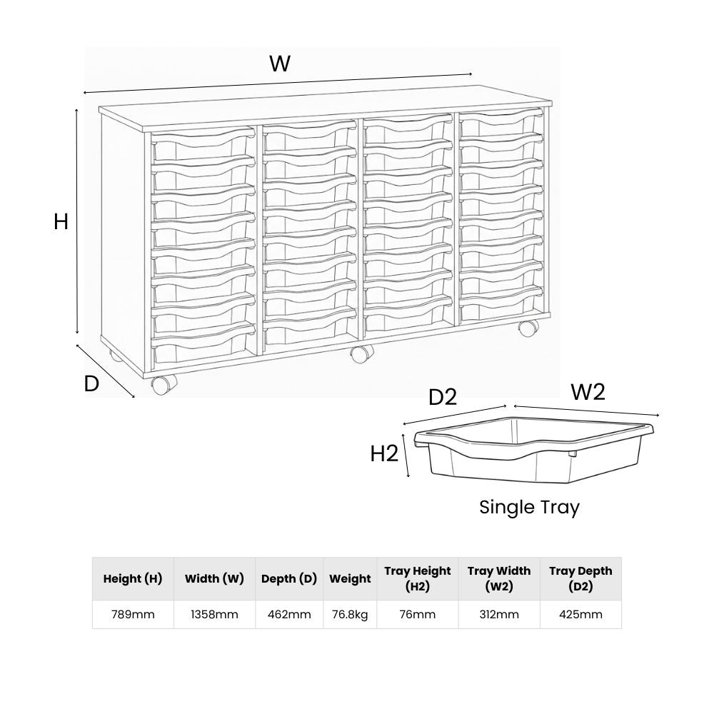 Technical drawing of a wide school storage unit with four tray columns, showing full unit dimensions, tray size details, and overall weight for use in educational settings.