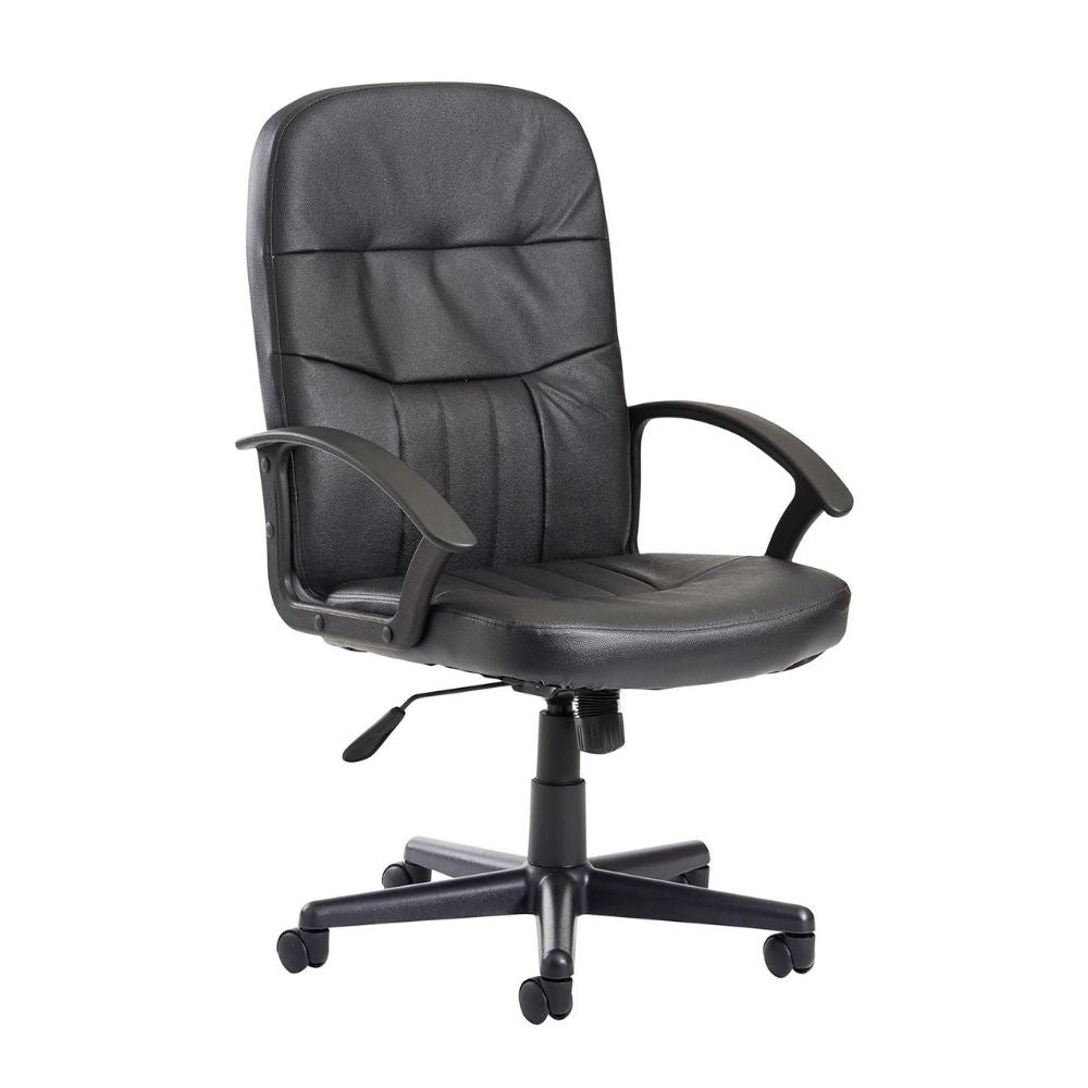 Black office chair with cushioned faux leather seat and contoured backrest. Features armrests, height adjustment lever, and five-wheel base for mobility. Designed for ergonomic comfort in home or professional workspaces.