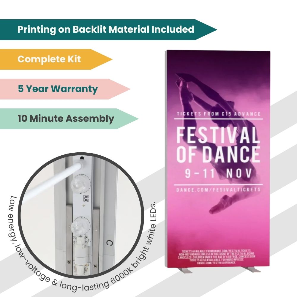 Festival of Dance promotional banner with dancer silhouette, backlit material, LED lighting, and 10-minute assembly for vibrant event display.