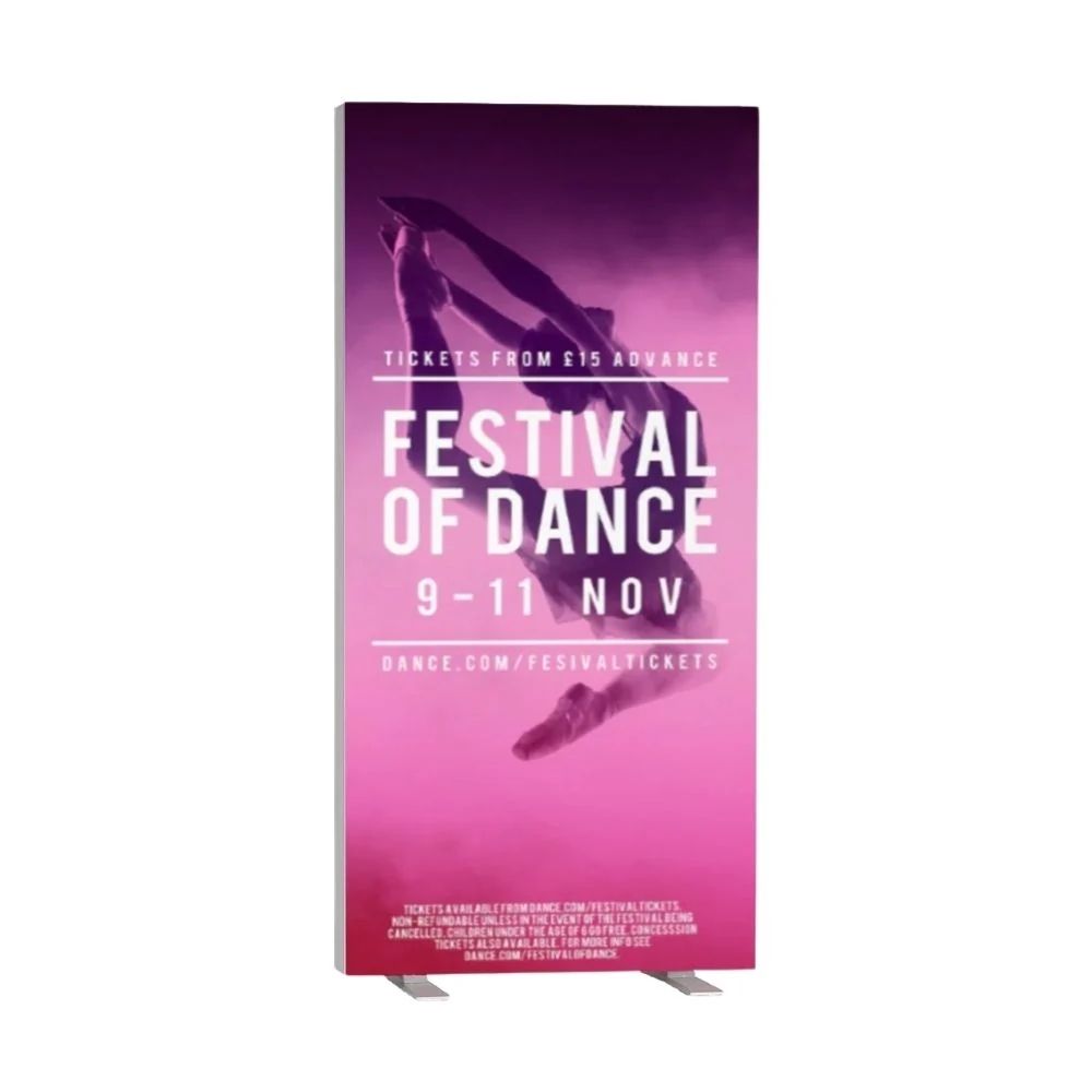 Festival of Dance banner with pink-purple gradient and dancer in motion, featuring event dates, ticket info, and energetic visual design.