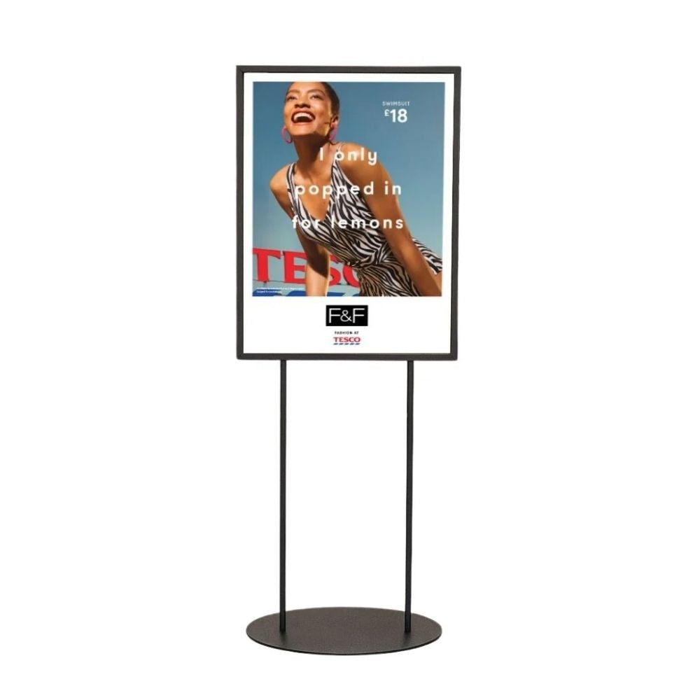 Freestanding poster stand featuring F&F summer fashion advert with “I only popped in for lemons” caption, designed for Tesco retail environments.