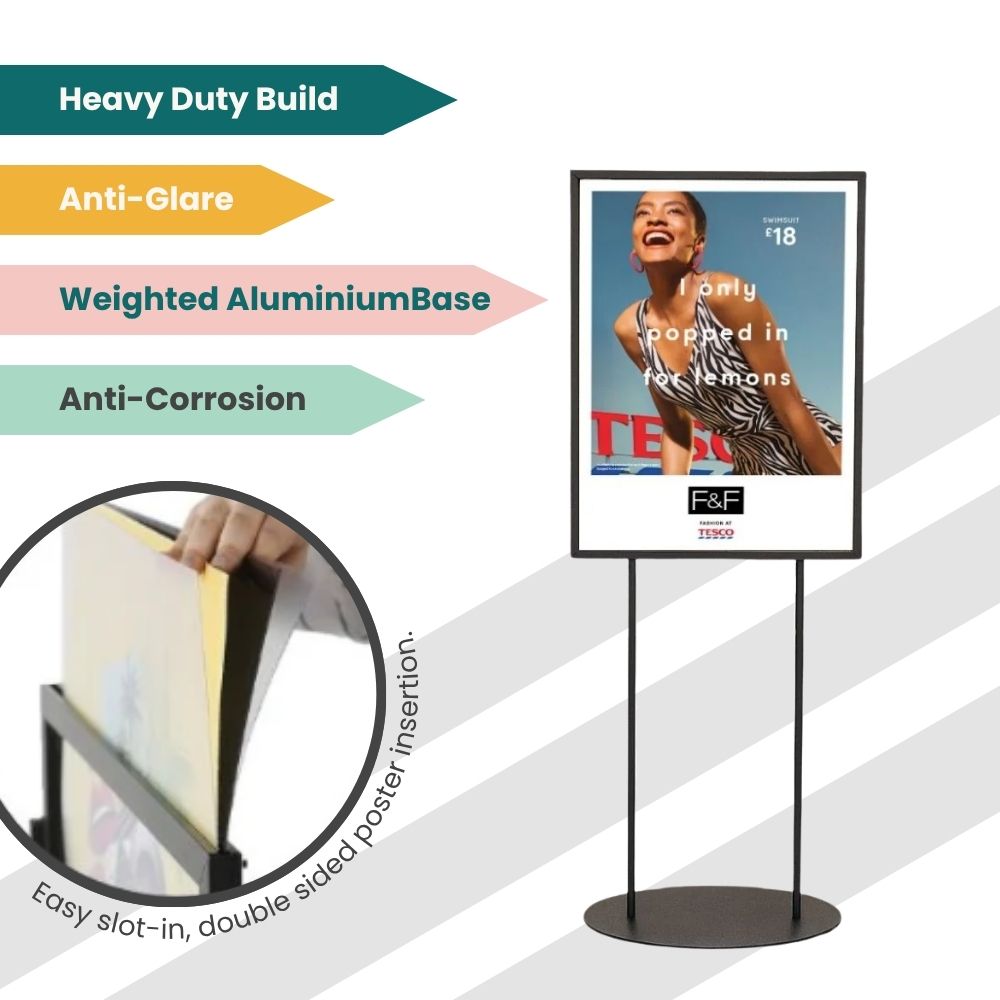 Promotional F&F poster stand with slot-in frame and feature tags for heavy-duty build, anti-glare surface, and corrosion-resistant aluminium base.