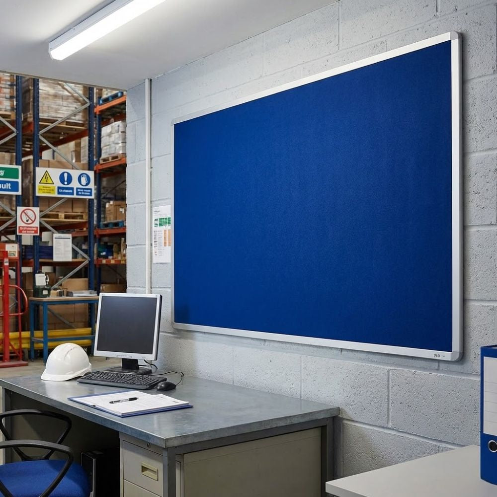 Fire resistant 2400 x 1200mm blue felt noticeboard with aluminium frame, wall mounted in a warehouse office above a desk with computer and safety equipment.
