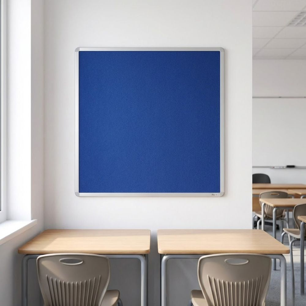 Fire resistant blue felt noticeboard with aluminium frame, square format, wall mounted above classroom desks and chairs.