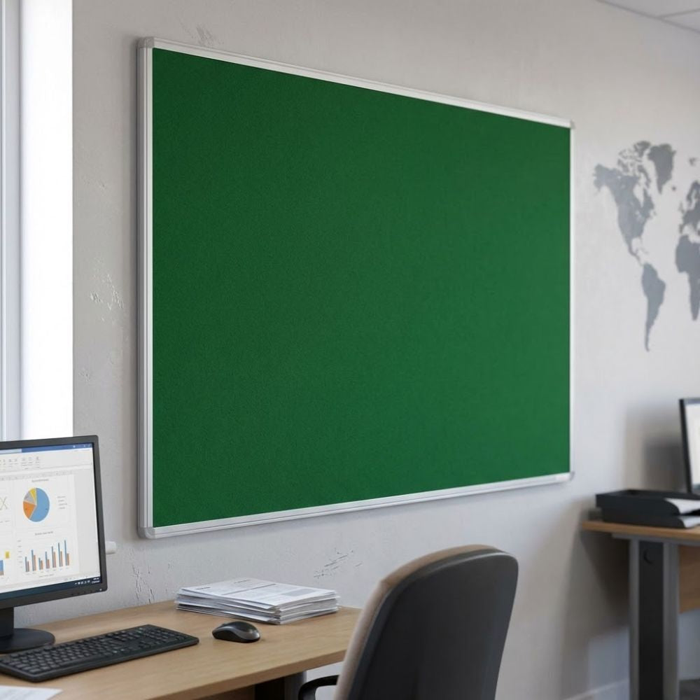 Fire resistant 1500 x 1200mm green felt noticeboard with aluminium frame, wall mounted in an office above a desk with computer and paperwork.