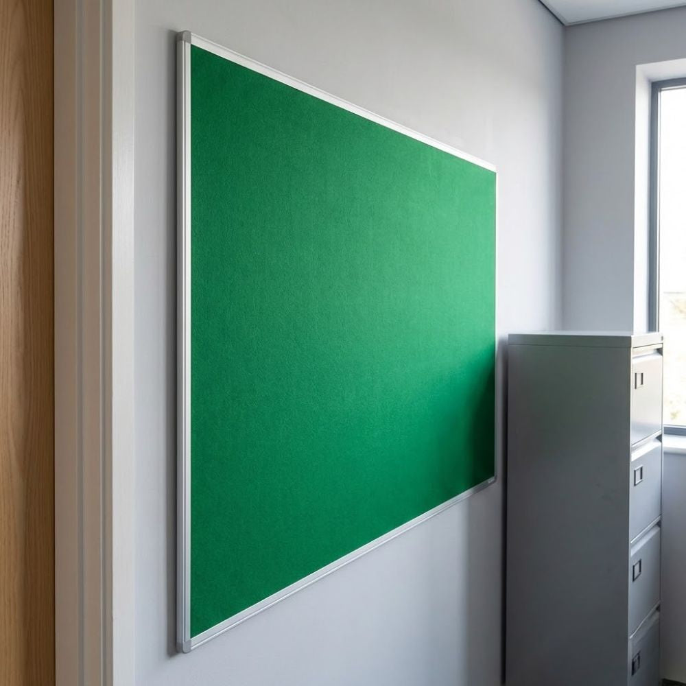Fire resistant 2400 x 1200mm green felt noticeboard with aluminium frame, installed on an office wall beside filing cabinets.
