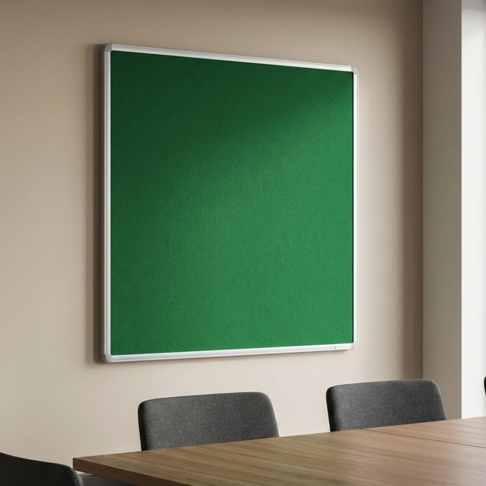 Fire resistant green felt noticeboard with aluminium frame, square design, installed on a meeting room wall above a conference table.
