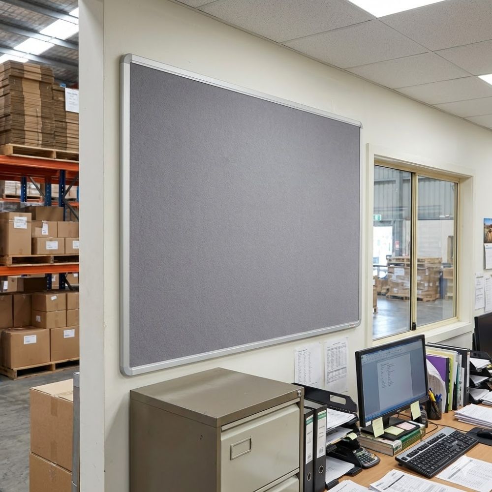 Fire resistant 1500 x 1200mm grey felt noticeboard with aluminium frame, installed in a warehouse office overlooking storage and packing areas.