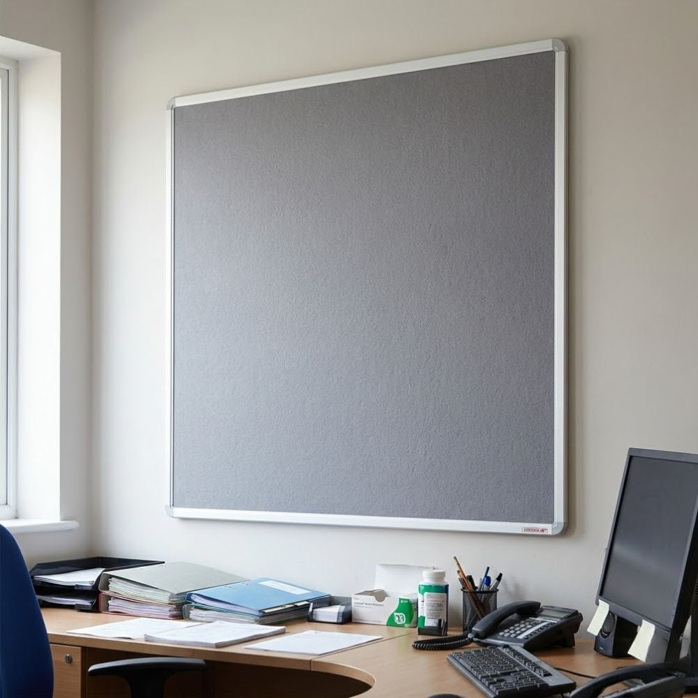 Fire resistant grey felt noticeboard with aluminium frame, square style, mounted on an office wall above a desk with computer and paperwork.
