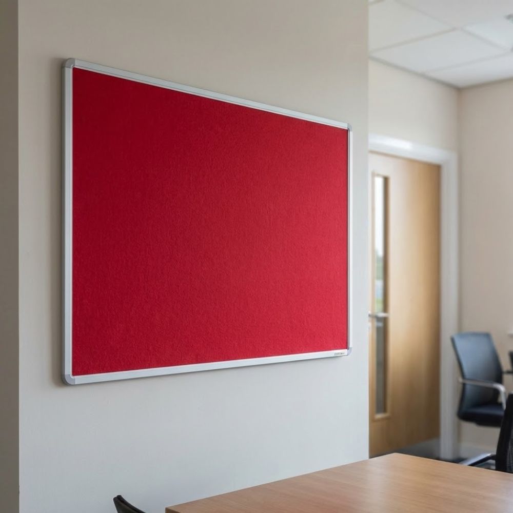 Fire resistant 1200 x 900mm red felt noticeboard with aluminium frame, displayed on a workplace wall beside desks and office seating.