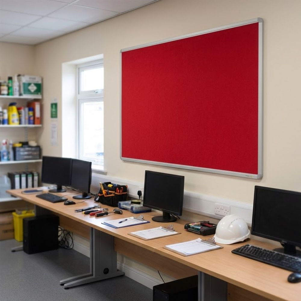 Fire resistant 2400 x 1200mm red felt noticeboard with aluminium frame, displayed in a workshop office above desks with computers and tools.
