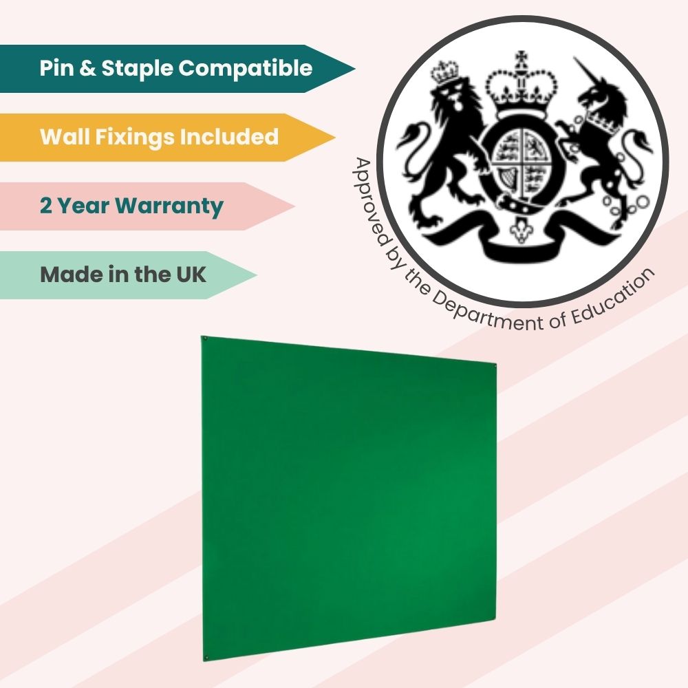 Green fire-retardant pinboard with UK certification, suitable for classroom walls and shared spaces.