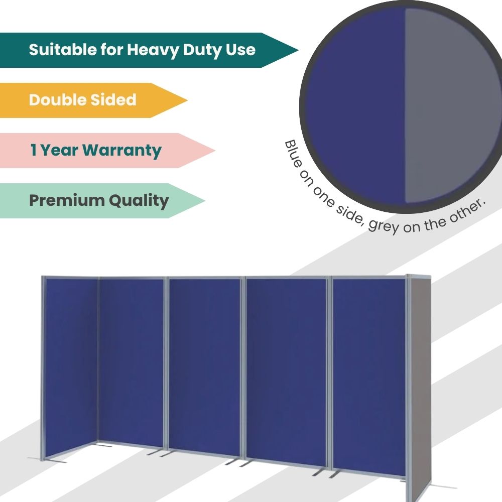 Zigzag blue divider with five upright panels and stabilising feet, ideal for dynamic room separation.