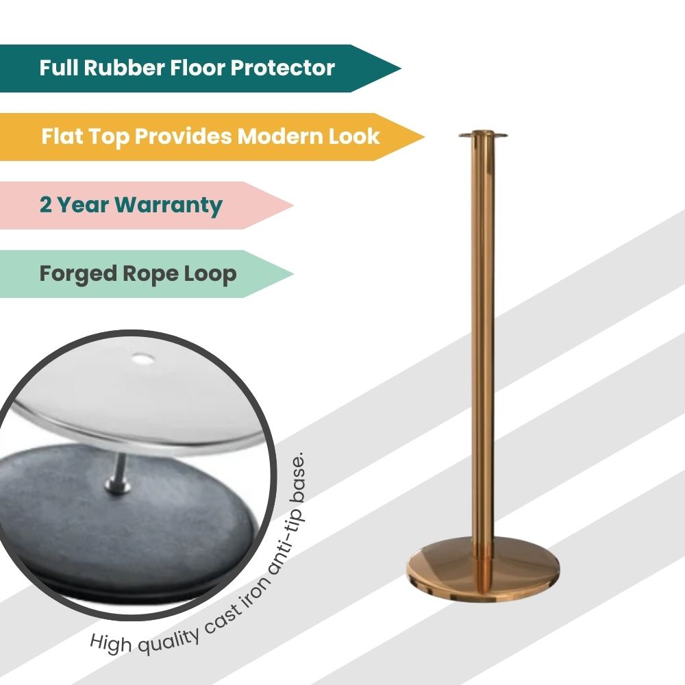 
Sleek metallic stanchion with flat top and forged loop, built for contemporary queue systems in public spaces.
