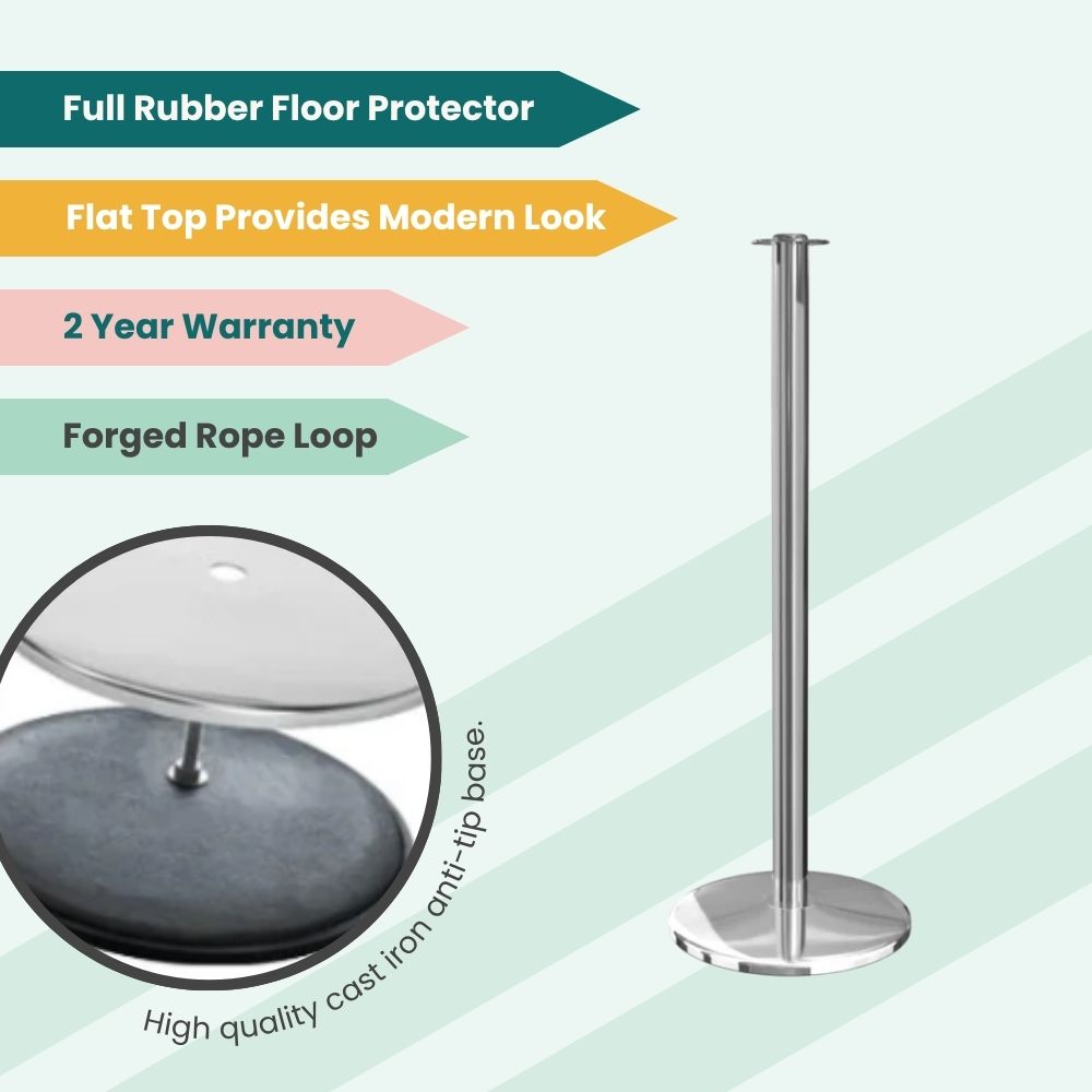 Metallic stanchion with flat top and green-accented promo layout, designed for modern queue control systems.