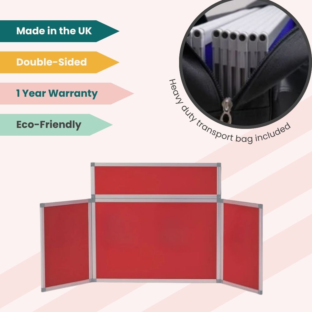 Double-sided red display board with header panel and carry bag, designed for eco-conscious exhibitions.