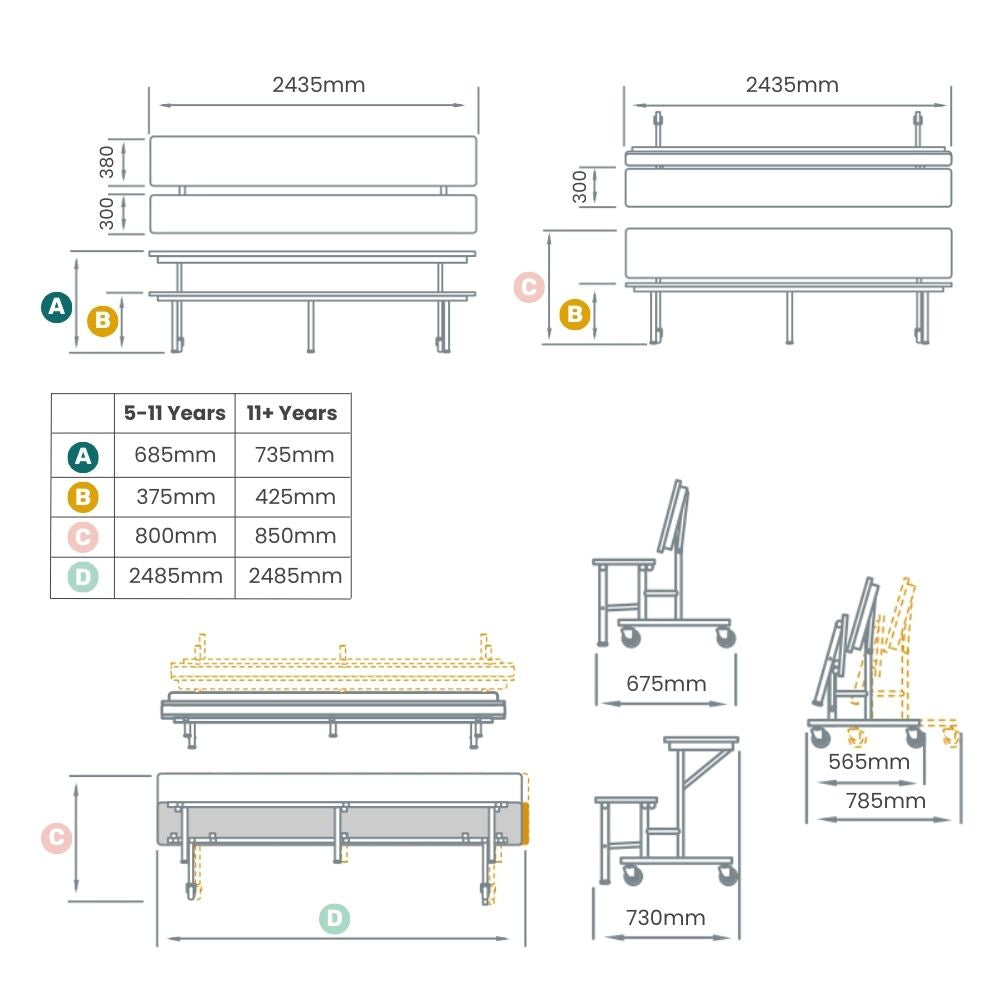 Technical dimensions diagram of folding canteen bench with backrest, showing seat heights, widths and folding measurements for school use