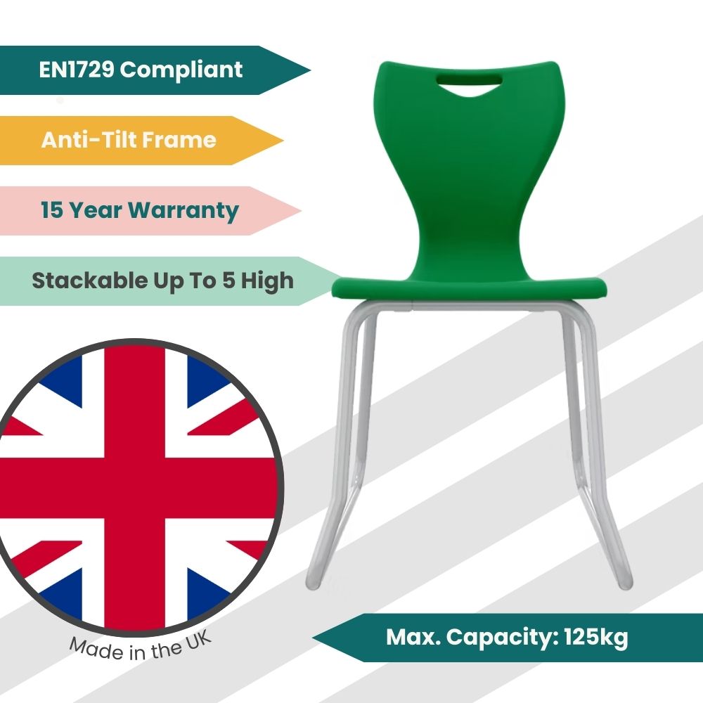 Forest green size 6 educational seating with structural reinforcement and a continuous metal runner system, designed for high-density secondary school use.