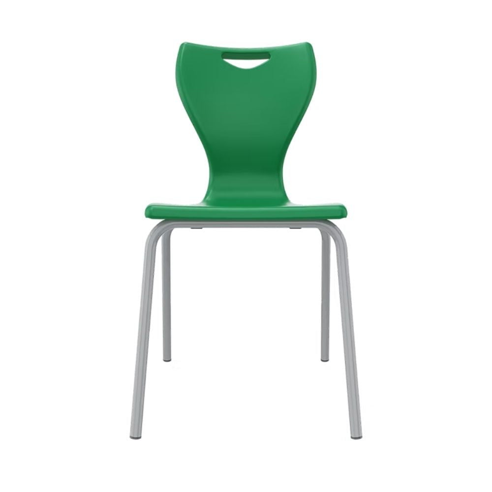 A dark green ergonomic school chair with a stain-resistant polypropylene shell and a sturdy grey frame built for high-use educational environments.