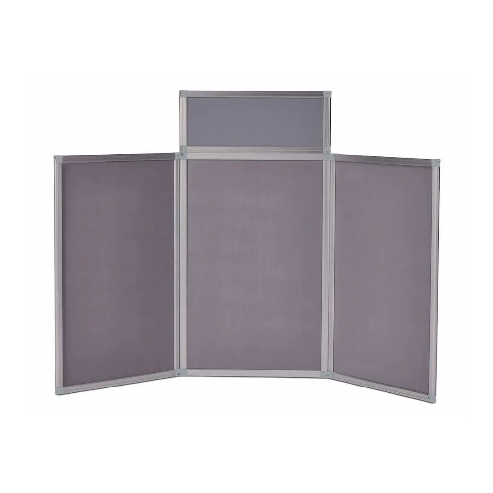 Three-panel display board with elevated header and angled sides, ideal for visual presentations or trade shows.