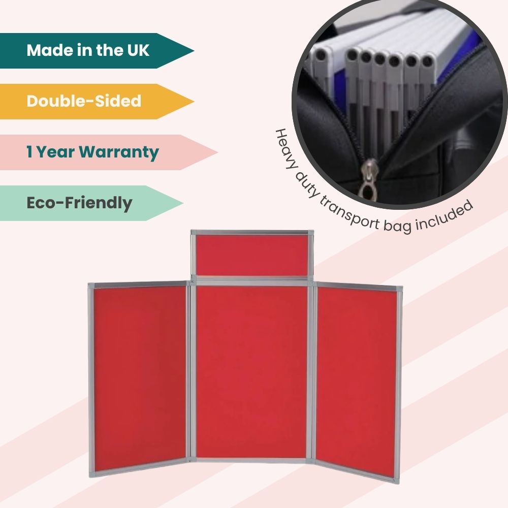 Red tri-fold display board with header panel and silver frame, ideal for promotional or educational use.