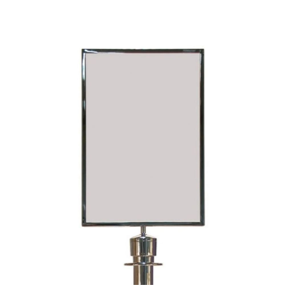 Sleek chrome-framed A4 sign holder mounted on a metallic pole, perfect for displaying information in retail or event settings.