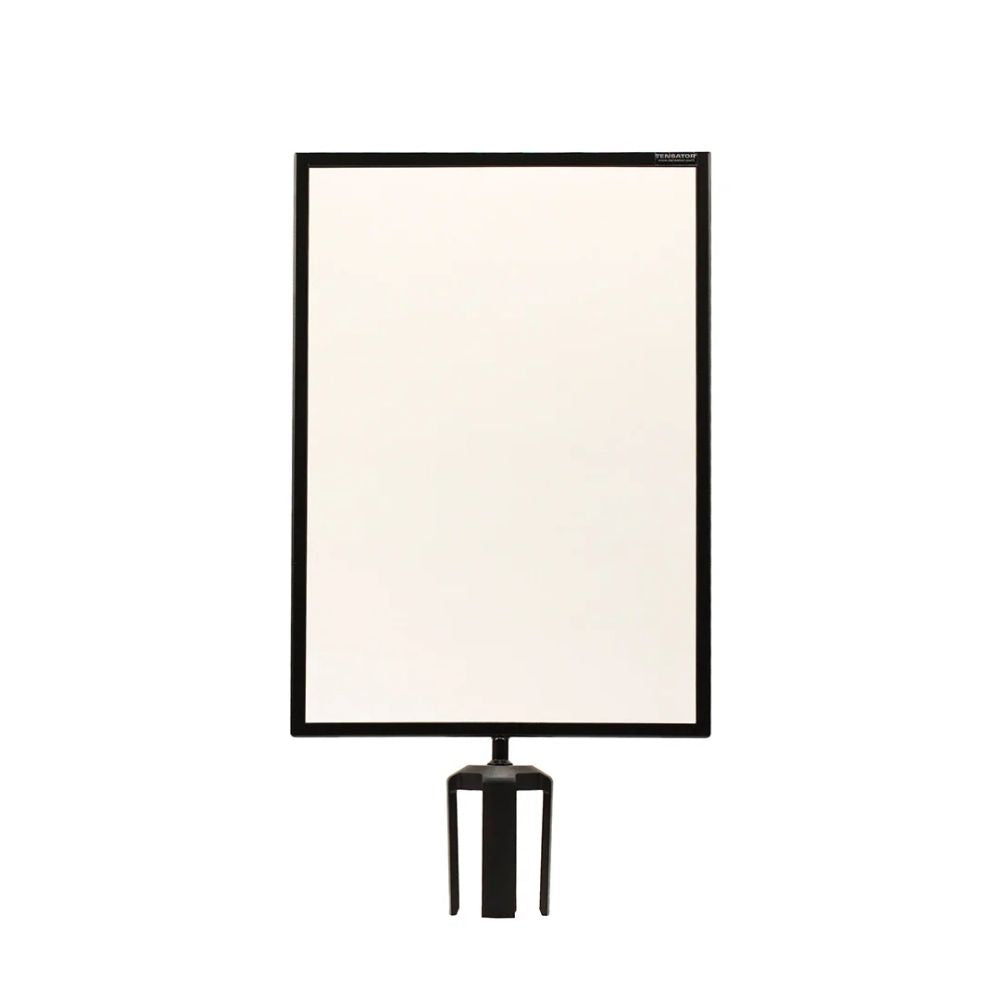 Minimalist black display frame on stand, suitable for A4 or A3 signage in professional or public environments.