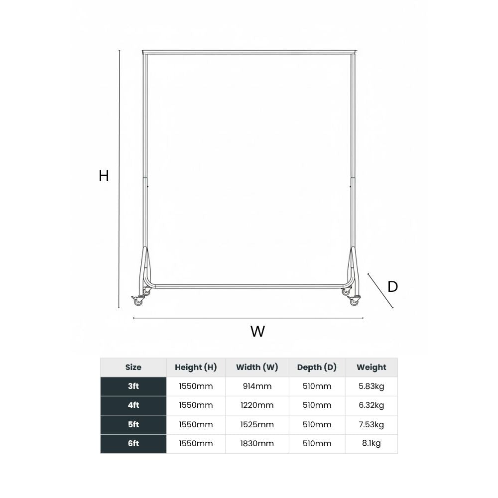 Technical diagram showing height, width, depth, and weight for freestanding boards from 3ft to 6ft.