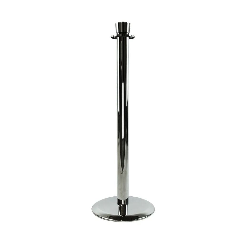 Sleek chrome stanchion with round slim base and universal loop connector, ideal for guiding pedestrian traffic in professional environments.