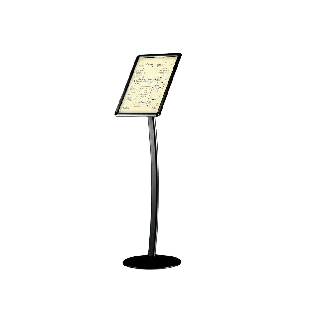 Floor-standing menu display with sleek black pole and rectangular frame, designed for hospitality venues to present schedules or menus.