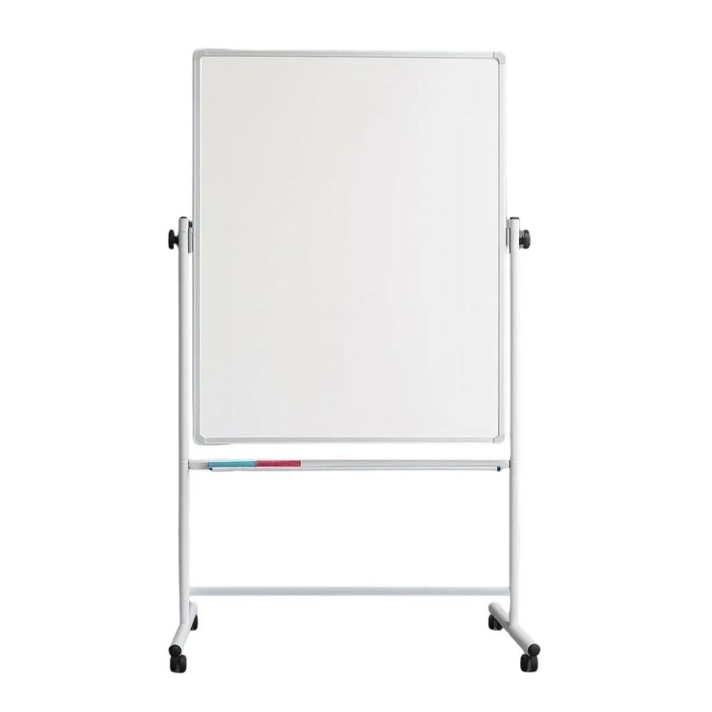 Freestanding mobile whiteboard with rotating frame and marker tray, ideal for classrooms or offices.