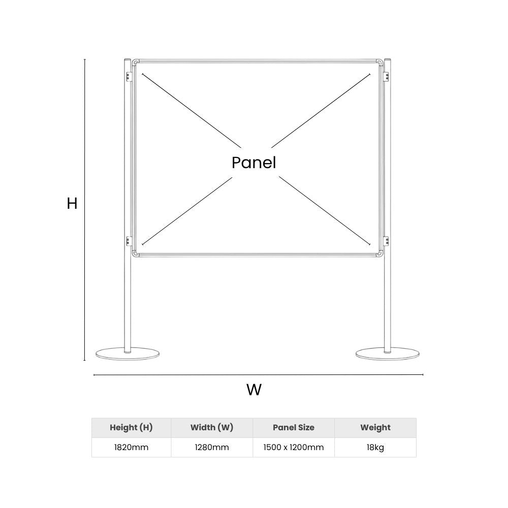 Technical diagram of freestanding panel with full dimensions and weight for planning installations.