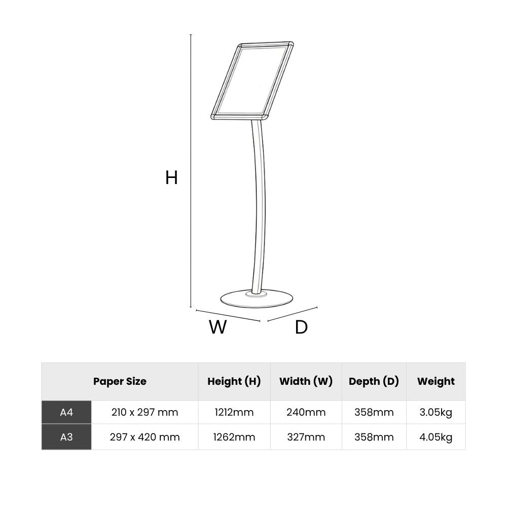 Technical diagram of freestanding sign holders for A4 and A3 paper sizes, with labelled dimensions and weight data for model selection.