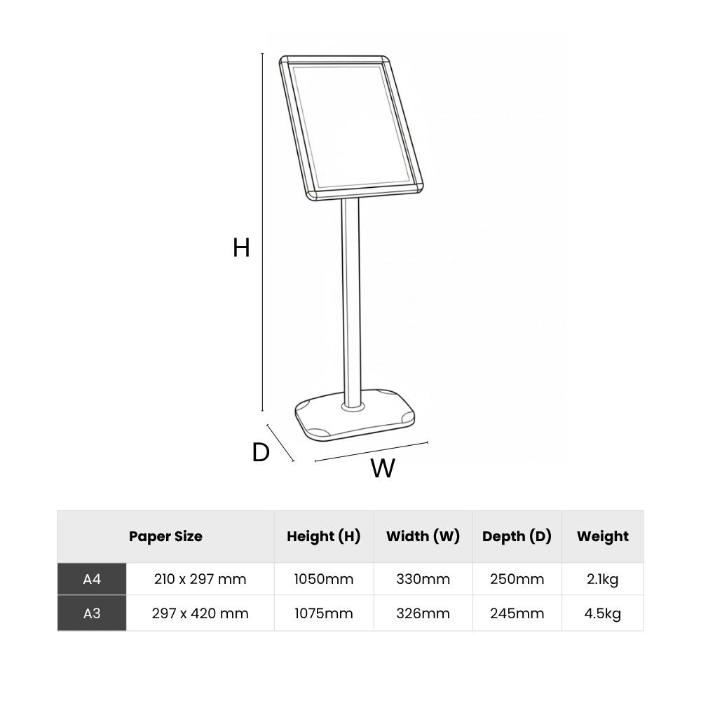 Technical diagram showing freestanding sign holder dimensions for A4 and A3 formats, with labelled height, width, depth, and weight for model comparison.