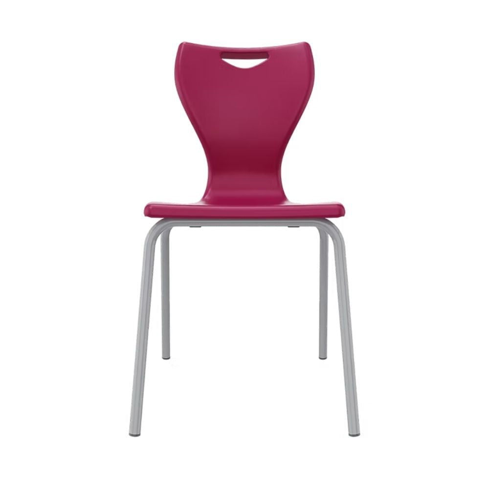 A bold fuchsia pink student chair featuring a structurally reinforced seat shell and a non-tilt leg frame designed for safety-conscious learning spaces.