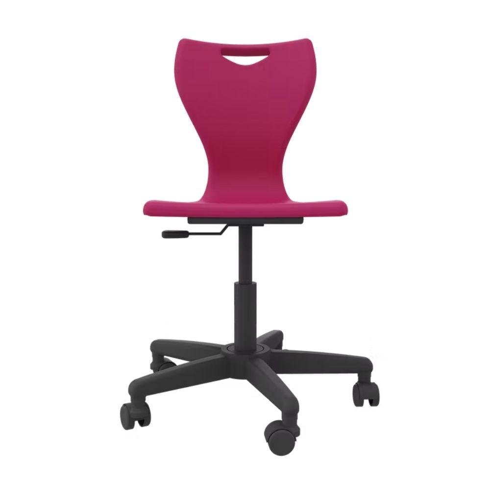 A vibrant fuchsia pink student swivel chair featuring a height-adjustable gas lift and a five-star castor base for flexible movement in secondary school ICT suites.