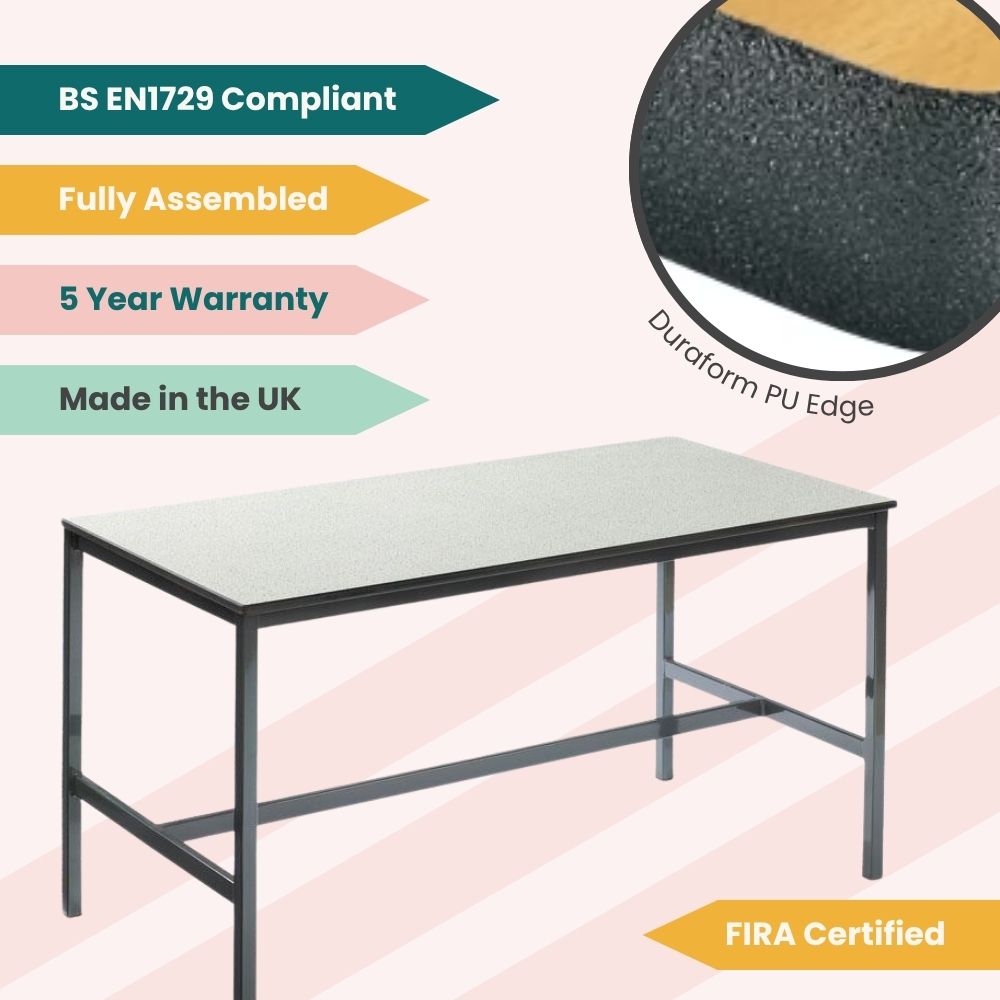 
Feature graphic of fully welded table with Duraform PU edge and tags for BS EN1729 compliance, UK origin, 5-year warranty, full assembly, and FIRA certification.
