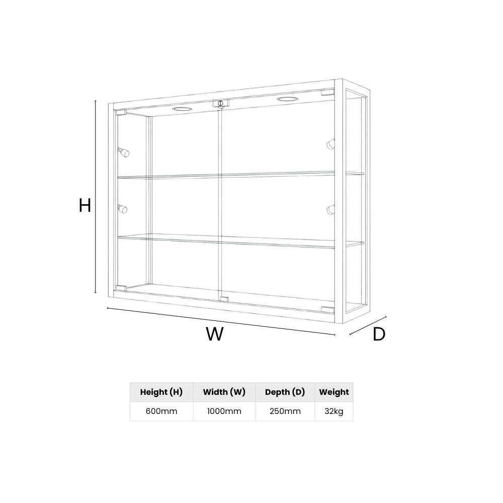 Technical drawing of a glass display cabinet with full dimensions and weight for installation planning.